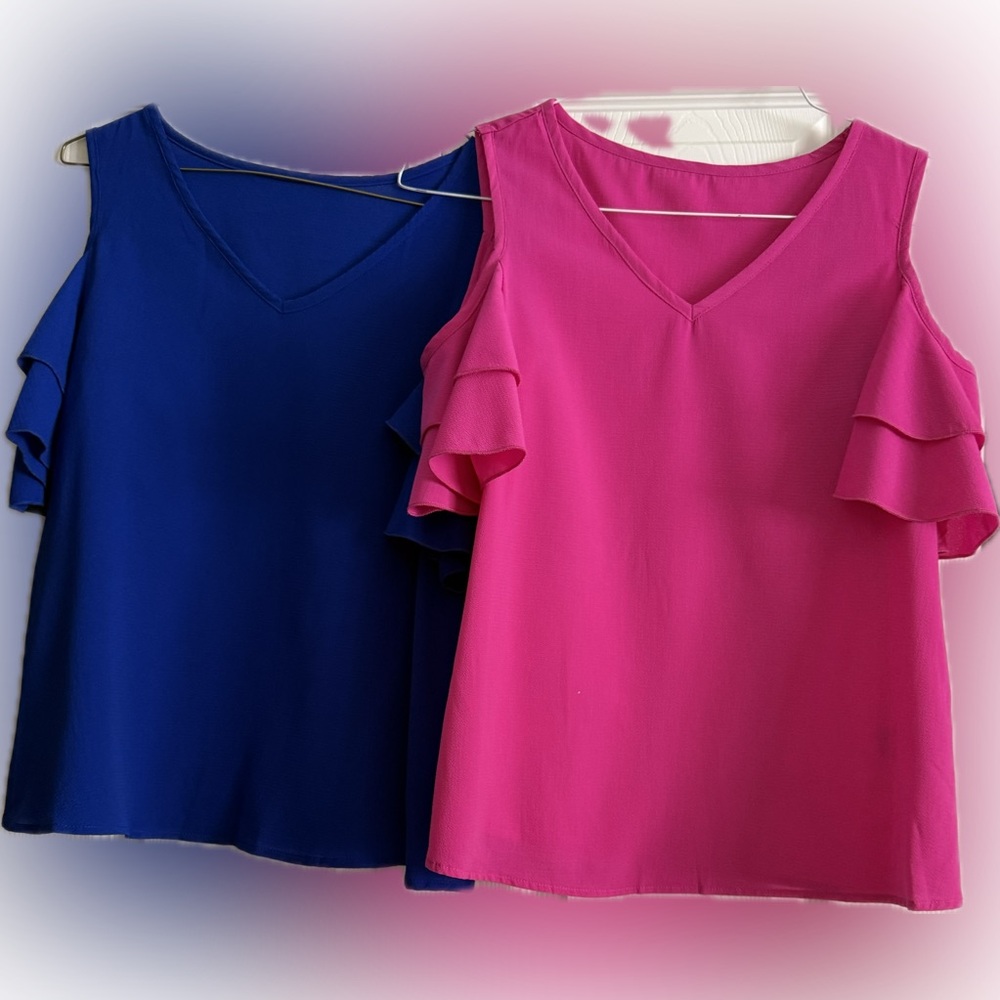 Two Off The shoulder ruffled sleeve SHEIN Tops, S,1 Pink, 1 Blue